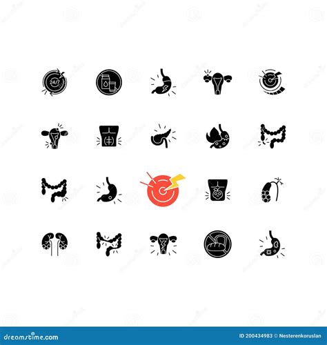 Stomach Pain Black Glyph Icons Set On White Space Stock Vector