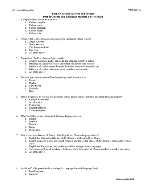 Ap Human Geography Cultural Patterns And Processes Culture And Language Exam Version A Unit