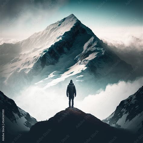 A Man Standing On Top Of A Mountain Looking At The Sky And Clouds Below