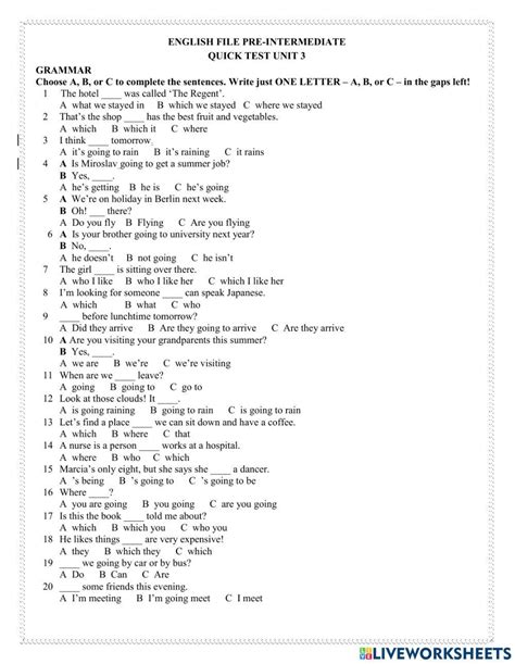 1885070 English File Pre Intermediate Quick Test 3