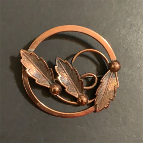 Vintage Bell Copper Leaf Brooch Gem