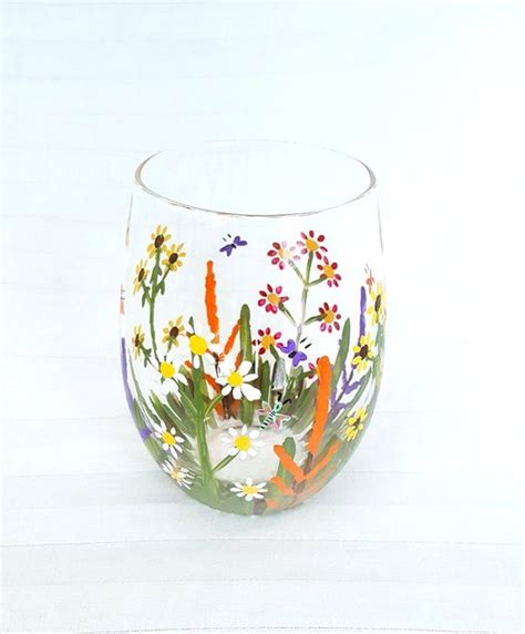 Hand Painted Wildflower Garden Stemless Wine Glass Painting Bathroom