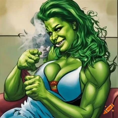 Humorous Illustration Of She Hulk Enjoying A Joint On Craiyon