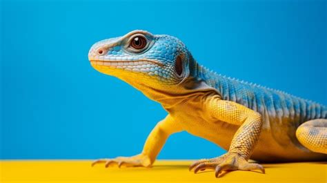 Premium Photo | A blue lizard with a blue tail sits on a yellow