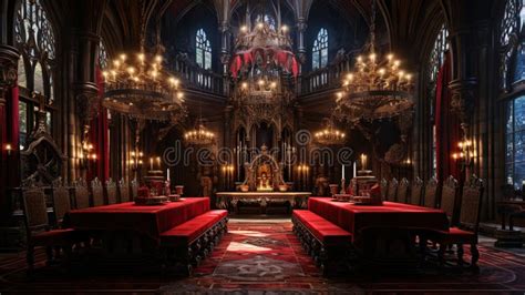 Vampire Dracula Castle Interior, Victorian Red Furnitures. Halloween ...