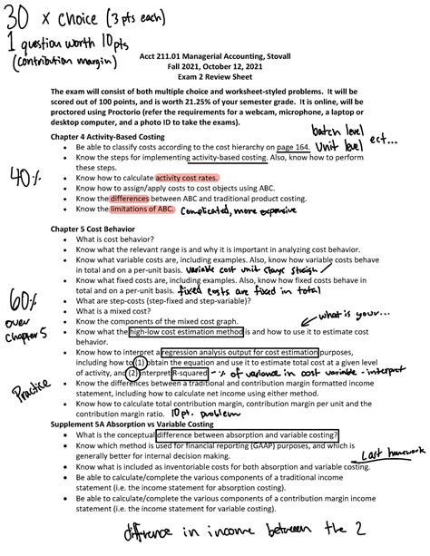 Exam Review Summary Acct Managerial Accounting Stovall Fall