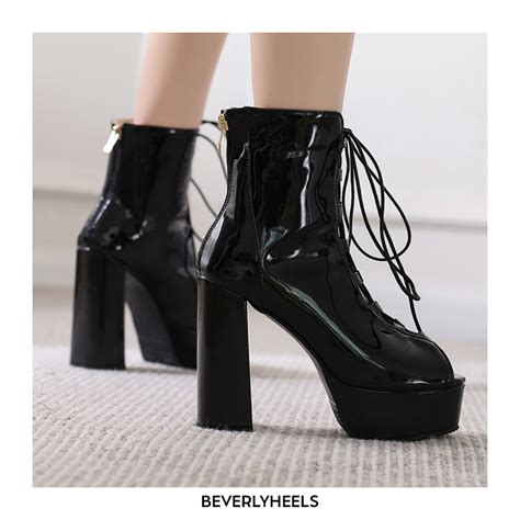 Lib Peep Toe Knee High Lace Up Platforms Patent Chunky Heels Pumps Boots Black In Sexy Boots