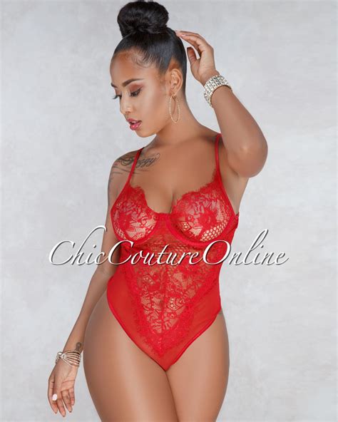 Chic Couture Online Audria Red Sheer Lace Bodysuit Lace Bodysuit Sheer Lace Bodysuit