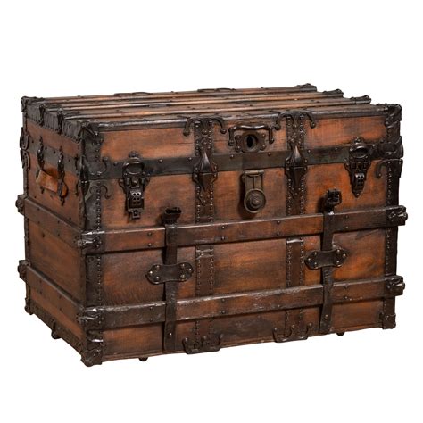 Antique Indonesian Travel Treasure Chest With Brown Patina And Leather