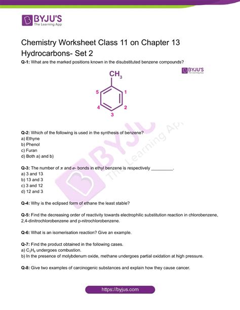 Class Chemistry Worksheet On Chapter Hydrocarbons Set