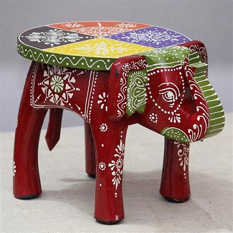 JH Gallery Handcrafted And Hand Painted Colorful Wooden Elephant Stool