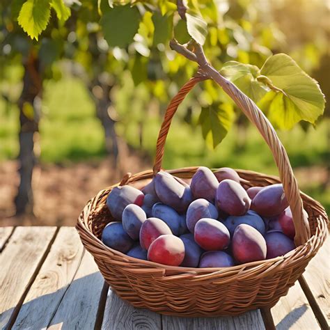 Premium Photo A Basket Of Plums On A Table With A Leaf Hanging From