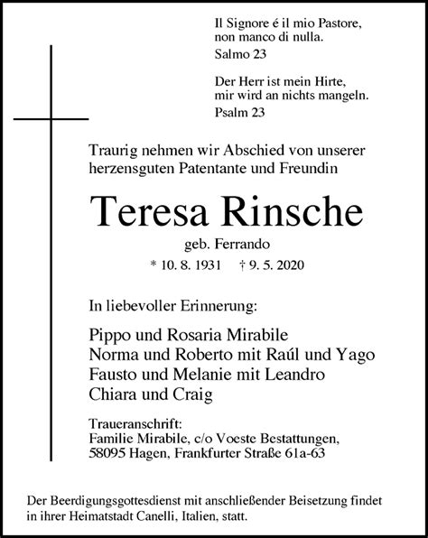 Traueranzeigen Von Teresa Rinsche Trauer In NRW De