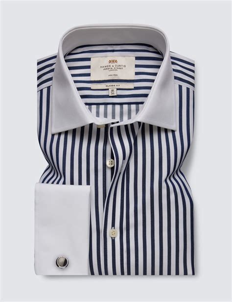 Non-Iron Navy & White Bold Stripe Classic Shirt With White Collar & Cuffs | Hawes & Curtis