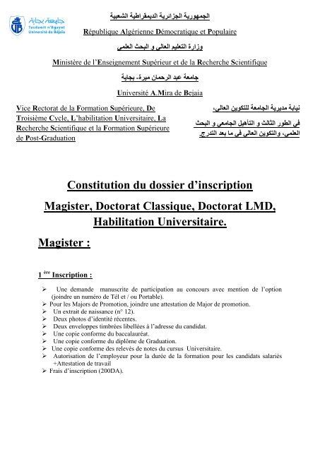 Constitution Du Dossier D Inscription Magister Doctorat Classique