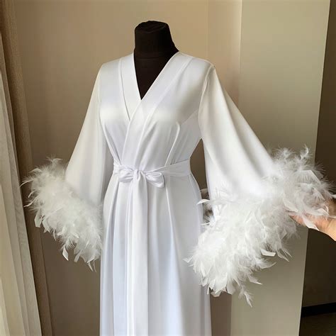 Feather Robe Long White Boudoir Robe Kimono Bridal Robe Etsy Uk