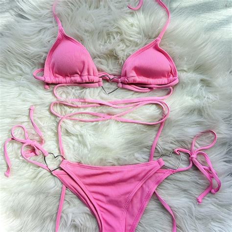 PINK HEARTS Bikini Set Size XS Material Depop