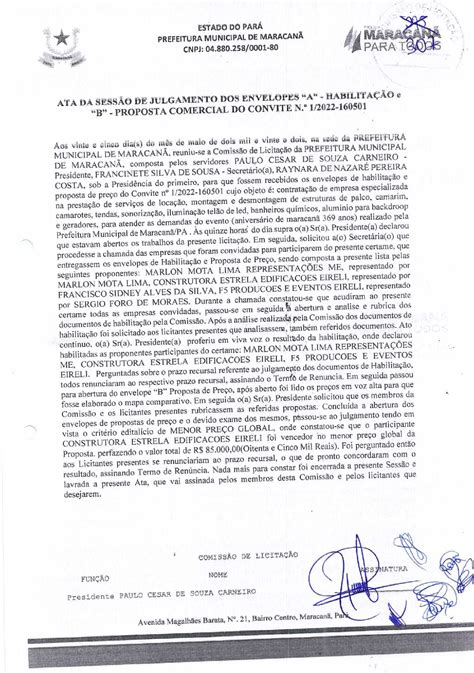 ATA DE ABERTURA Prefeitura Municipal de Maracanã Gestão 2021 2024