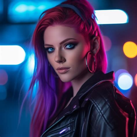 Premium Ai Image A Woman With Purple Hair And A Black Jacket With