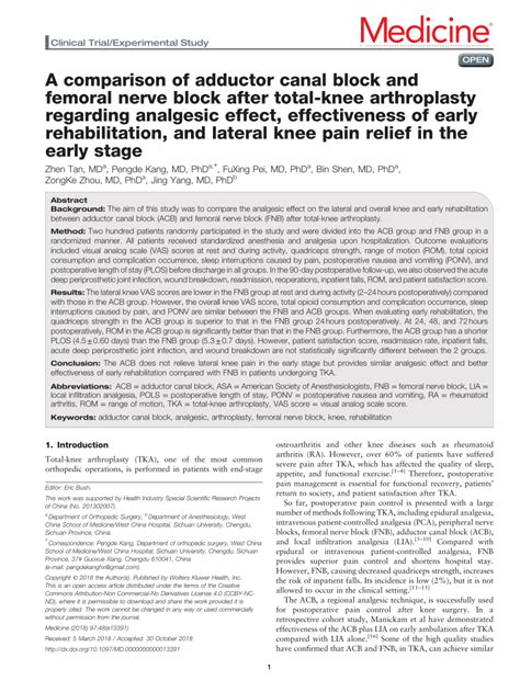 Pdf A Comparison Of Adductor Canal Block And Femoral Nerve Block After Total Knee Arthroplasty