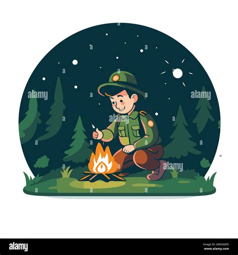 Vector illustration of a boy scout sitting on the campfire and cooking ...