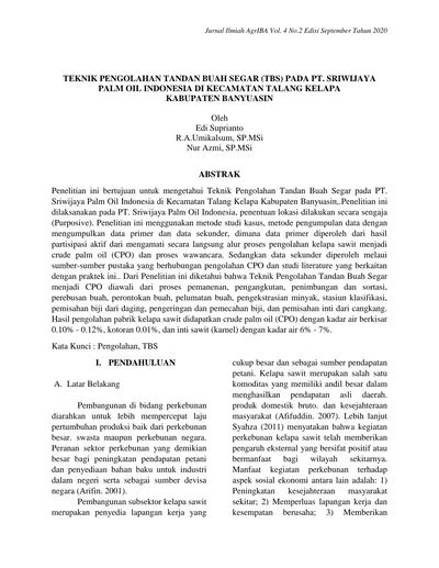 TEKNIK PENGOLAHAN TANDAN BUAH SEGAR TBS PADA PT SRIWIJAYA PALM OIL
