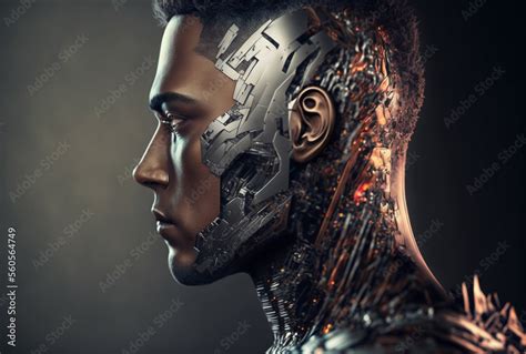 A Young Attractive Man As Half Robot Or A Humanoid Android With