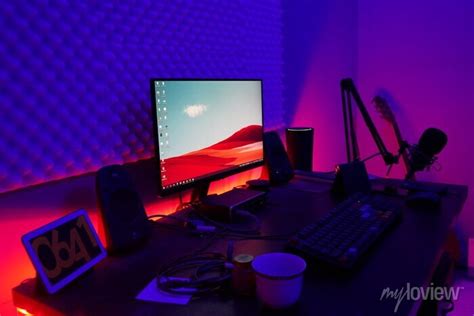 A desktop computer setup with colorful lights behind desk • wall stickers light, led, colourful ...