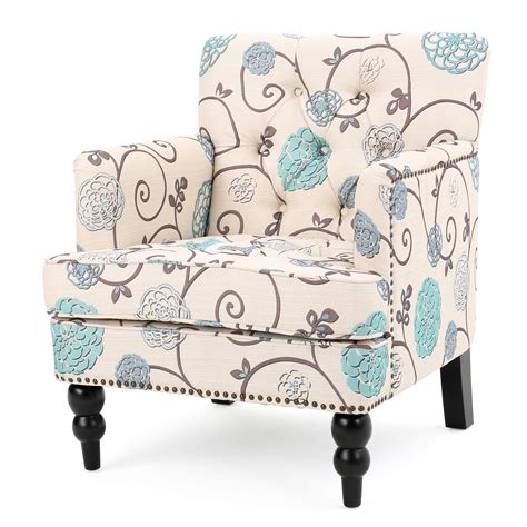 Noble House Harrison Fabric Tufted Club Chair White Blue Floral For