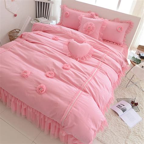 Korean Princess Pink Bedding Sets Lace Flowers Duvet Cover Elegant Lace