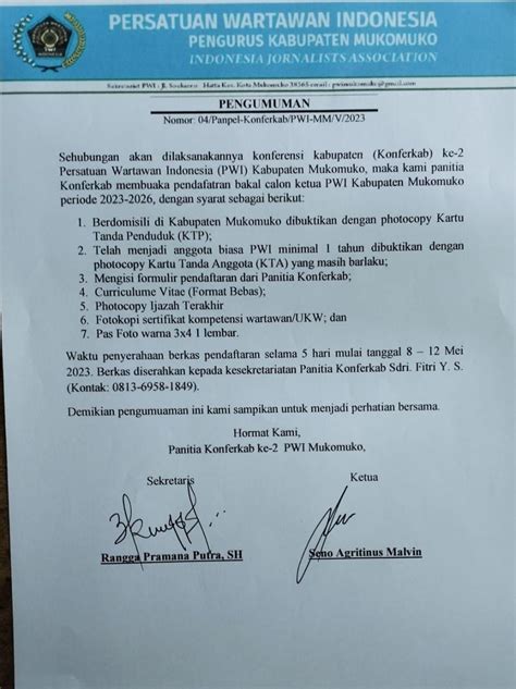 Pendaftaran Balon Ketua PWI Mukomuko Dibuka Analis Jurnal