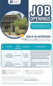 Torrent Pharma Pithampur Walk In Interviews 11th November 2023