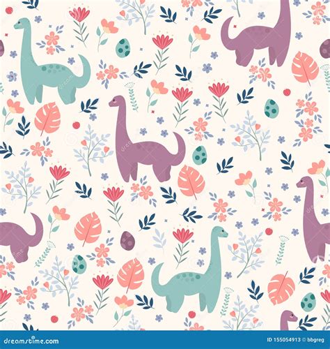 Seamless Pattern With Dinosaurs And Tropical Leaves And Flowers