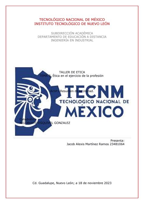 resumen de taller de etica TECNOLÓGICO NACIONAL DE MÉXICO INSTITUTO