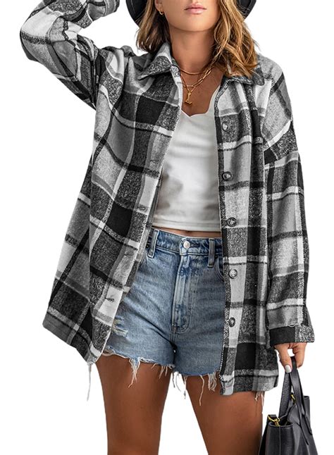 Rosfancy Women Plaid Flannel Button Down Shirts Jacket Long Sleeve Shacket Lapel Collar Jackets