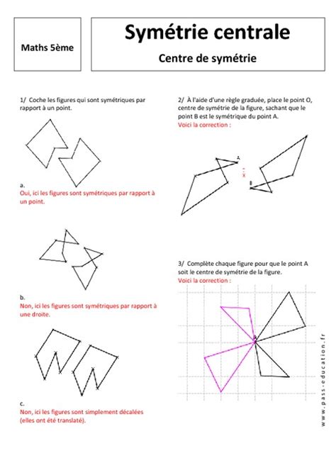 Centre de symétrie Symétrie centrale 5ème Exercices corrigés