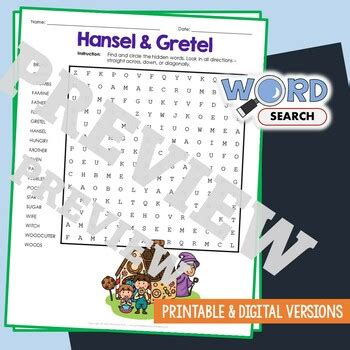 HANSEL AND GRETEL Word Search Puzzle Story Book Review Activity Worksheet