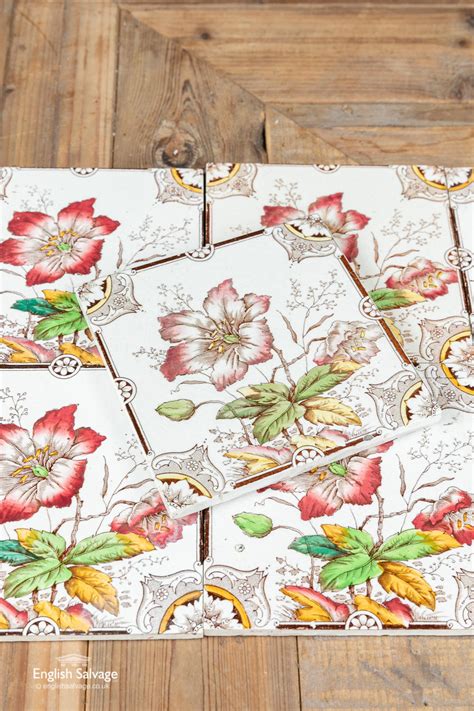 Nine Victorian Glazed Floral Wall Tiles