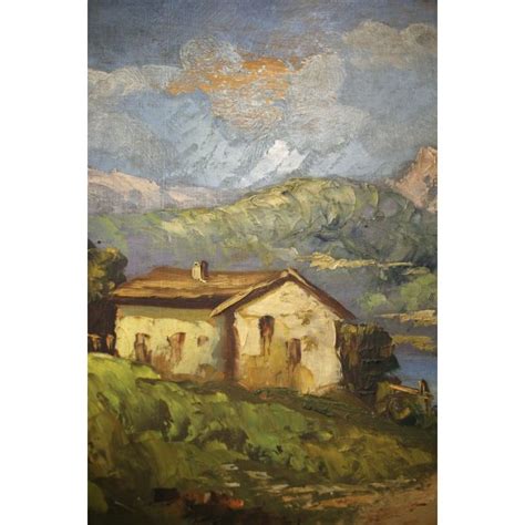 Antico Quadro Dipinto Olio Paesaggio Montagna Lago Casale Macchiaiolo