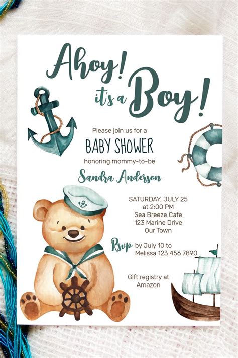 Teddy Bear Nautical Baby Shower Invitation Ahoy It S A Boy