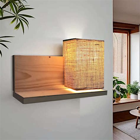 Wooden shelf with lamp - Wall mounted book shelves for bedroom - Pine wood | Walnut color | Jute ...