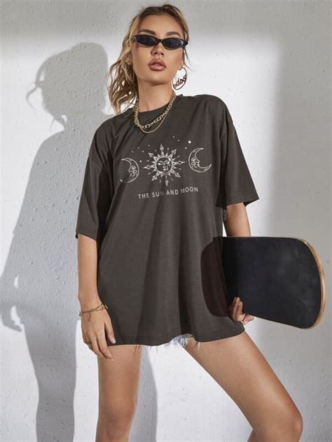 Shein Ezwear Sun And Moon Print Drop Shoulder Tee Shein Usa