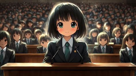 Anime Girl in Suit Speaking at Podium in Front of Audience | Premium AI ...