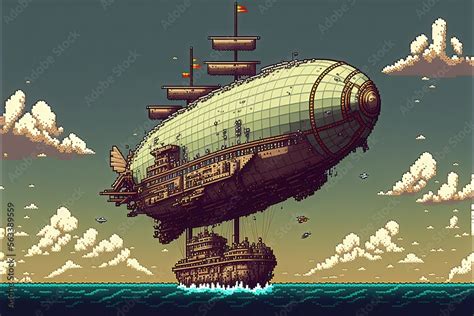 Pixel Art Old Airship Steampunk Style Airship Background In Retro