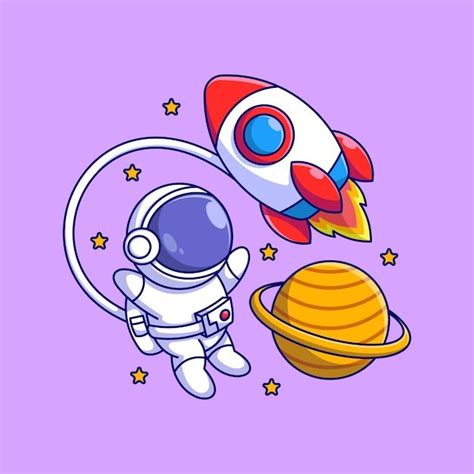 Premium Vector Cute Astronaut Flying With A Rocket In Outer Space