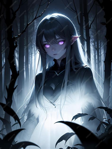 A Dark Elf Anime Girl Glowing In The Middle Of A Dark Forest Premium Ai Generated Image