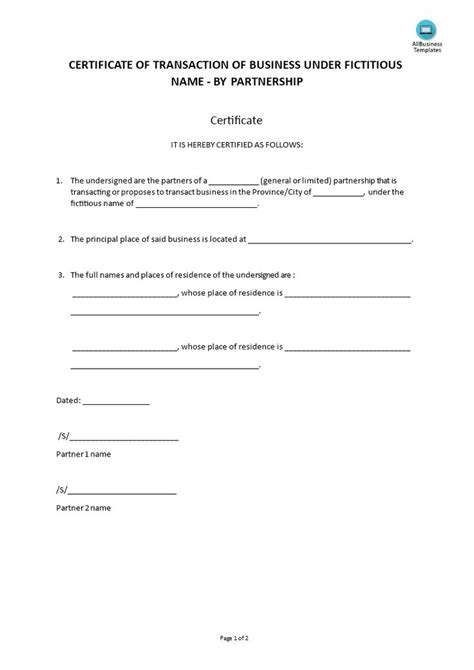 Certificate Of Partnership Template