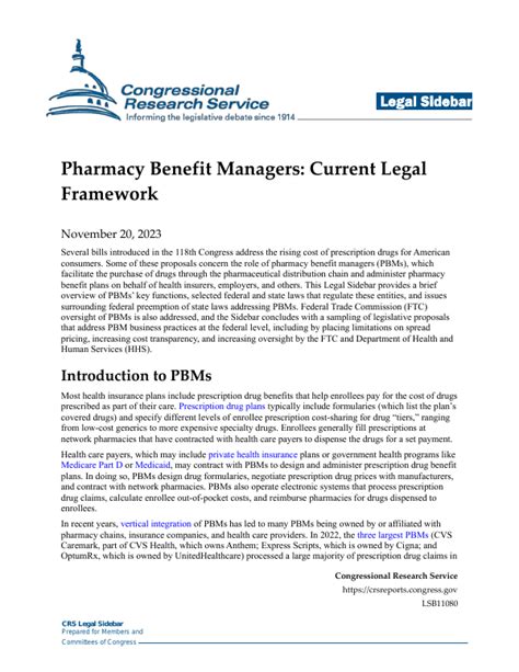 Pharmacy Benefit Managers Current Legal Framework Everycrsreport