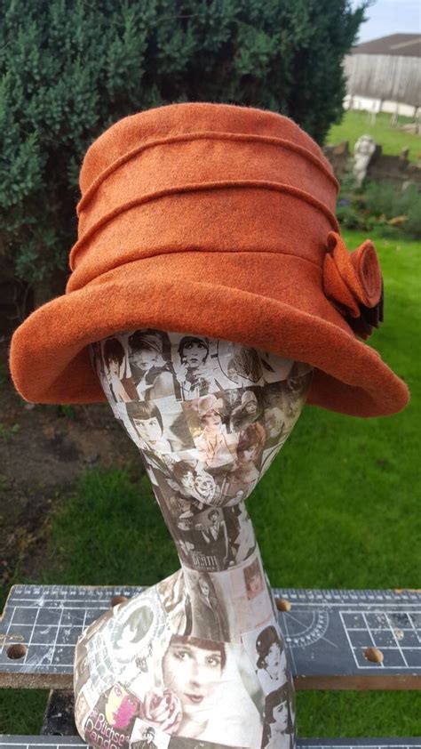 Burnt Orange Wool Felt Hat Flower Detail Fully Fleece Lined Downton