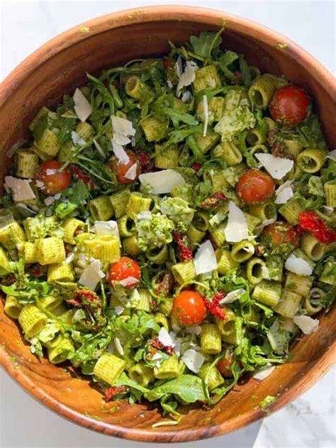 Easy Rigatoni Pesto Pasta Salad Recipe Feasty Travels